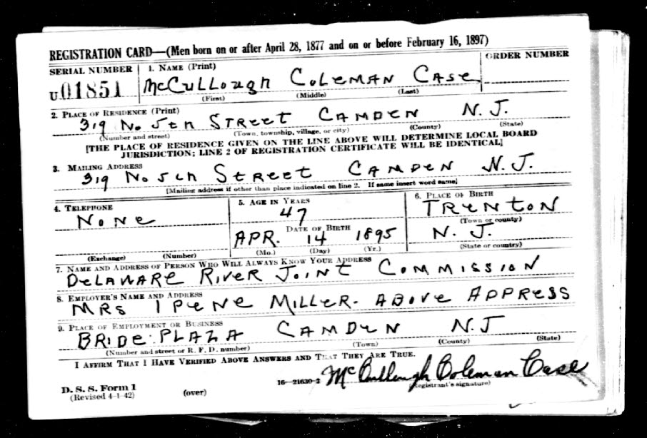 World War II Draft Registration Card for McCullough Coleman Case