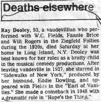 Camden Courier-Post notice about Ray Dooley's death, January 30, 1984