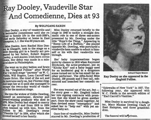 New York Times obituary for Ray Dooley, January 30, 1984