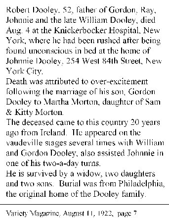 Robert Dooley obituary, Variety, August 11, 1922