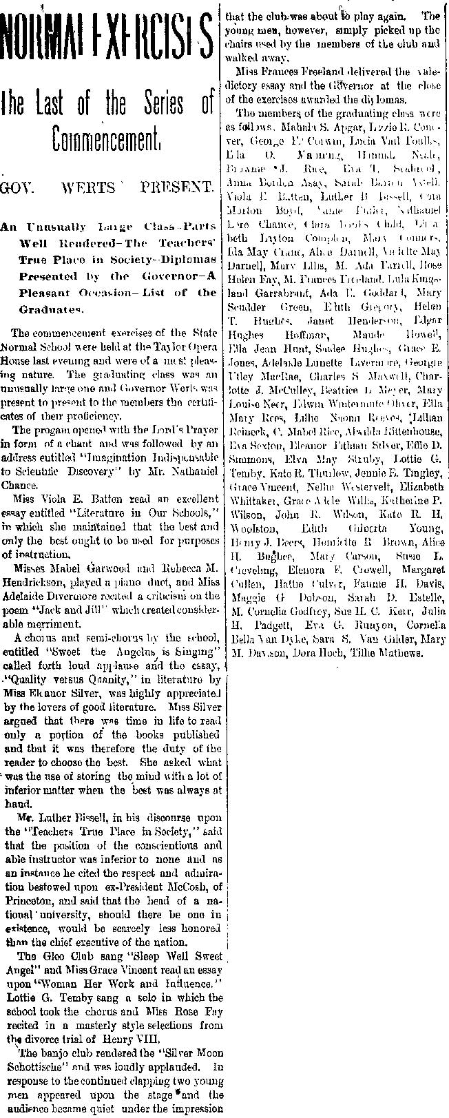 Trenton Times, June 3, 1893 — Normal School commencement exercises, list of graduates including Viola E. Batten