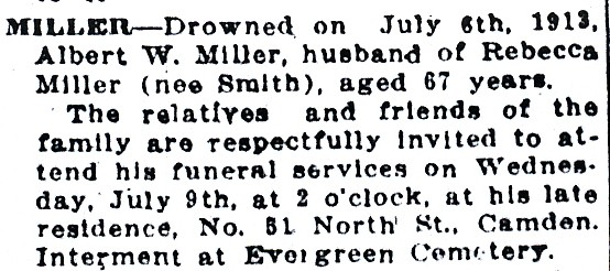 Miller death notice, July 1913