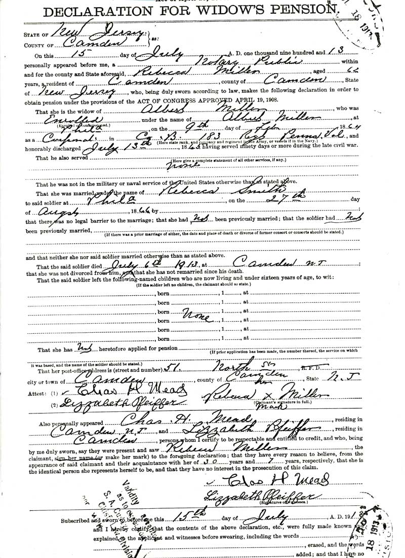Declaration for widow's pension for Rebecca Miller, July 15, 1913