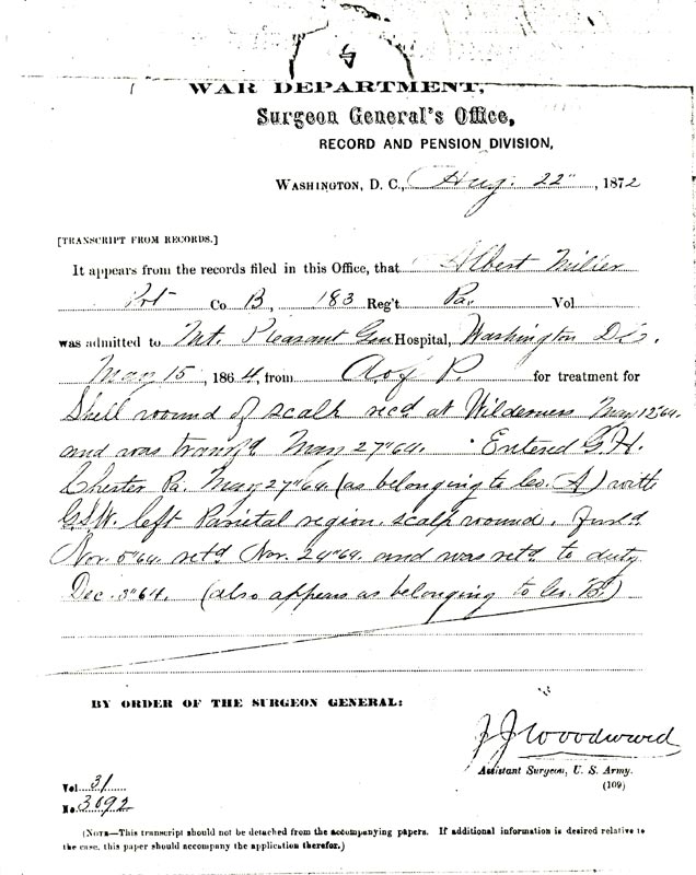 Surgeon General's verification of war wounds for Albert W. Miller, August 22, 1872