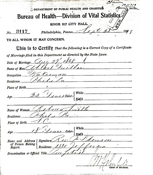 Copy of marriage license for Albert W. Miller, September 23, 1893