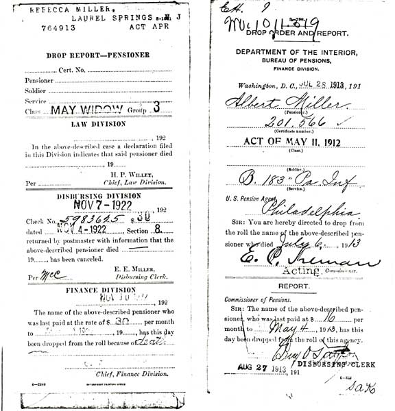 Notification of ending of widow's pension due to Rebecca Miller's death, November 7, 1922
