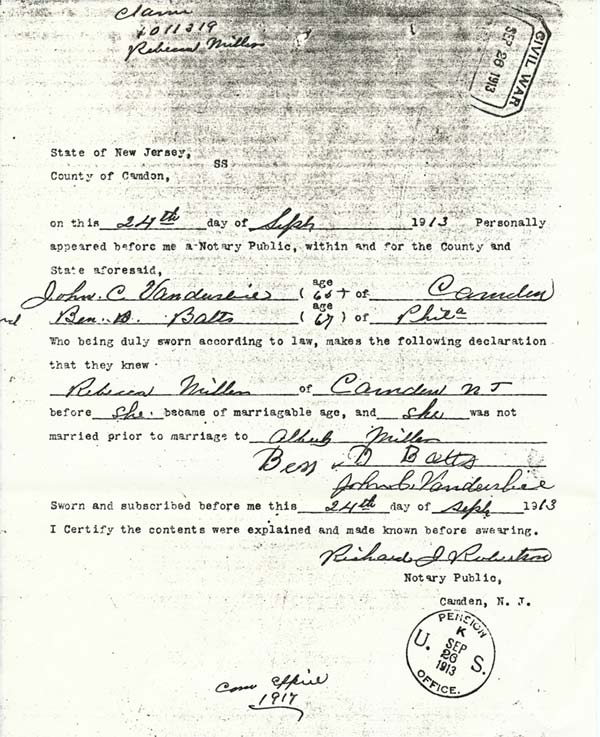 Widow's pension document for Rebecca Miller, September 24, 1913