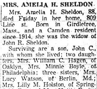 Camden Courier-Post obituary for Mrs. Amelia H. Sheldon, December 2, 1957, part one