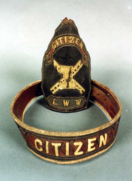 Leather tunic belt and frontpiece belonging to a company mascot of the Citizens Fire Company No. 1, circa 1890