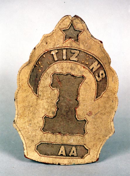 Classic 8-inch high leather frontpiece mounted upon a helmet worn by a member of Citizens Fire Company No. 1, circa 1890