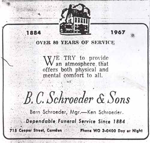 715 Cooper Street — Schroeder Funeral Home, Camden Courier-Post Ad, July 17, 1967