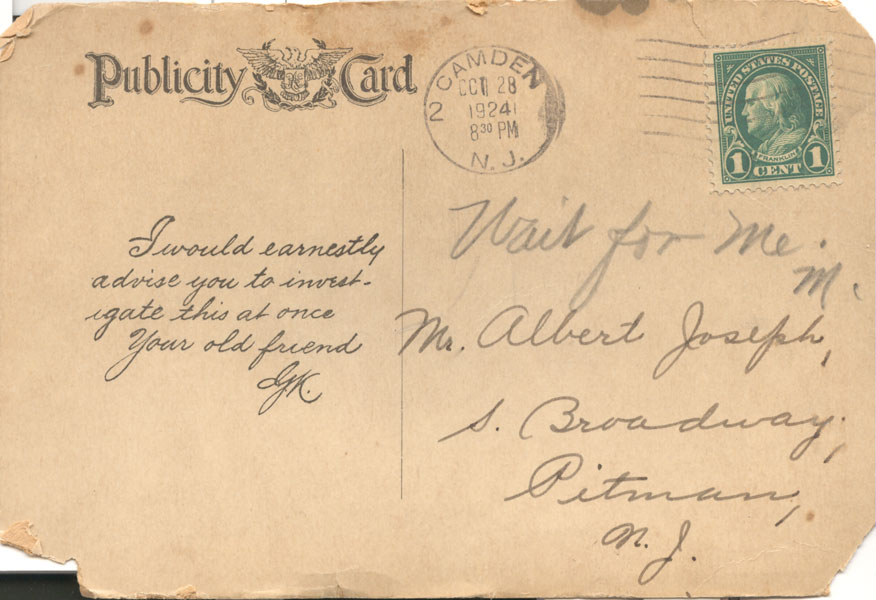 Dr. David E. Cooper trade publicity card, mailed October 1924, side 2