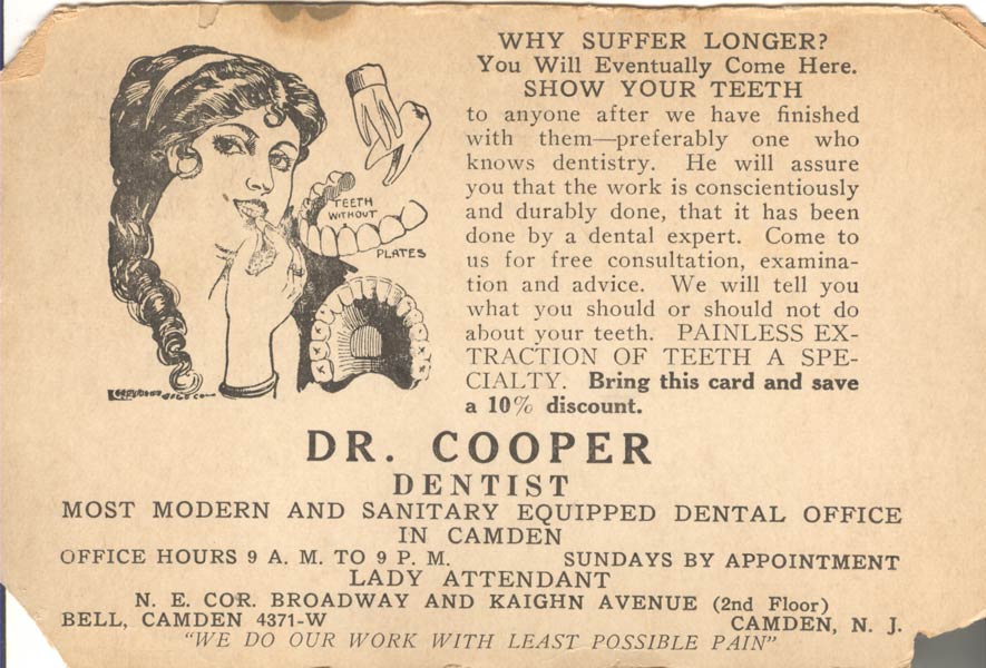 Dr. David E. Cooper trade publicity card, mailed October 1924, side 1