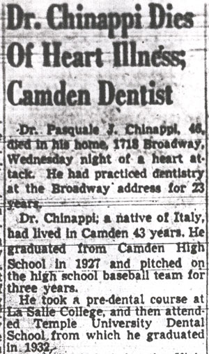 Obituary for Dr. Pasquale J. Chinappi, Camden Courier-Post, May 21, 1953