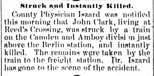 Camden Daily Telegram, March 21, 1893 — John Clark struck and killed by train