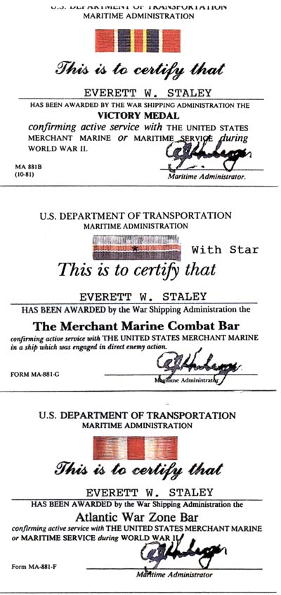 Captain Everett W. Staley's service ribbons and decorations