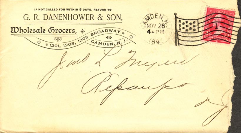 G.R. Danenhower & Son business envelope full view, addressed to Fred L. Ingram, Arkadelphia NJ, postmarked November 28, 1895