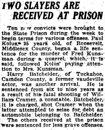 Headline: Two Slayers Are Received At Prison — Trenton Times, October 29, 1921