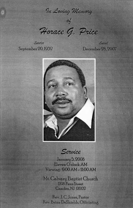 Funeral program cover for Horace G. Price, January 5, 2008