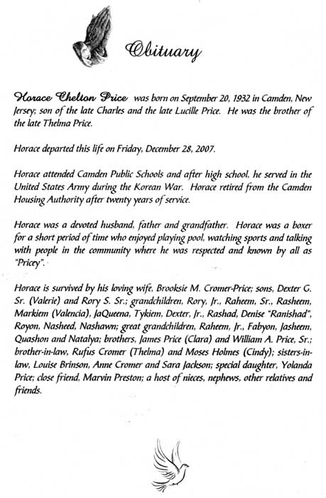 Funeral program obituary for Horace Chelton Price