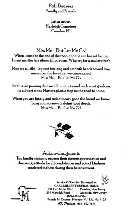 Pall bearers and acknowledgments, Horace C. Price funeral program