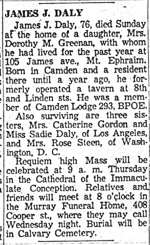 Obituary notice for James J. Daly, Camden Courier-Post, February 10, 1958