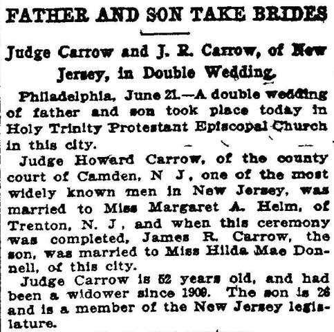 Washington Post June 22 1913 — Father and Son Take Brides, Judge Howard Carrow and J. R. Carrow in double wedding