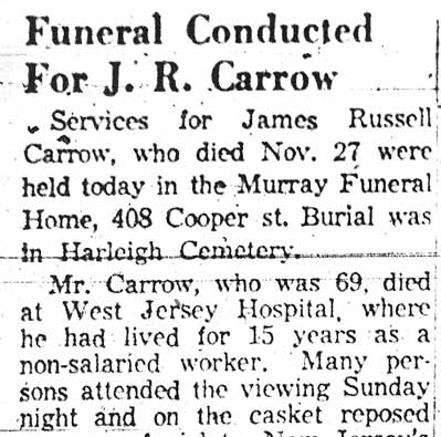 Camden Courier-Post December 2 1957, Funeral Conducted For J. R. Carrow, part 1