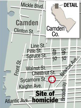 View of the northwest corner of 4th and Sycamore Streets in Camden where Kevin Wiggins, 49, was murdered. Building at right of photo fronts on South 4th Street.