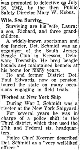 Camden Courier-Post clipping, December 18, 1957: Det. Louis Schmidt obituary continuation