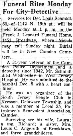 Camden Courier-Post clipping, December 19, 1957: Funeral Rites Monday For City Detective
