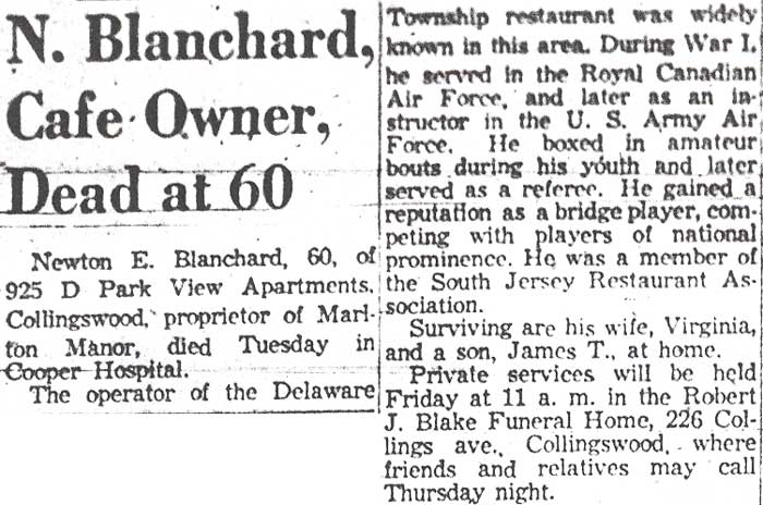 Camden Courier-Post December 11, 1957: N. Blanchard, Cafe Owner, Dead at 60