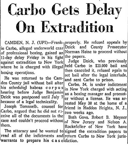 Lima Ohio News, July 1959 — Carbo Gets Delay On Extradition