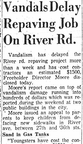 Camden Courier-Post, December 3, 1957, Vandals Delay Repaving Job On River Rd.