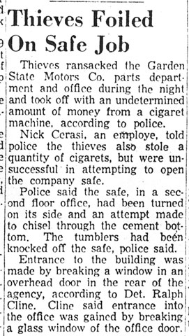 Newspaper clipping: Thieves Foiled on Safe Job — Camden Courier-Post December 14, 1957