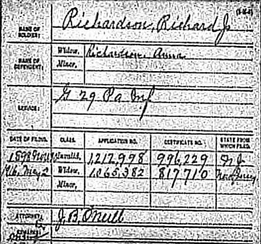 Civil War Pension File card for Richard James Richardson
