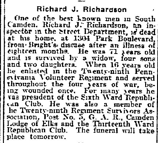 Richard J. Richardson obituary notice, Philadelphia Inquirer, April 14, 1916
