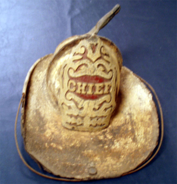 Helmet worn by Samuel M. Welch Sr. during his term as Chief Engineer, Town of Stockton, 1893–1896