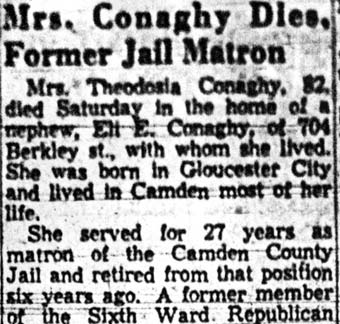 Camden Courier-Post, December 9, 1957 — Mrs. Conaghy Dies, Former Jail Matron, column 1