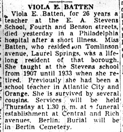 Camden Courier-Post, March 25, 1941 — Viola E. Batten obituary