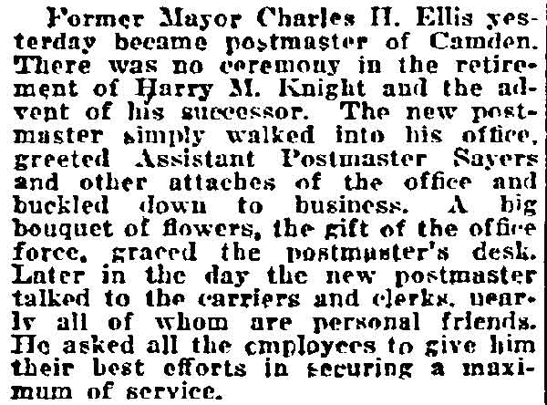 Philadelphia Inquirer, April 2, 1922 — Ellis becomes Postmaster of Camden