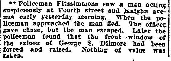 Philadelphia Inquirer, February 12, 1905, clipping about burglary attempt at Dilmore's Saloon