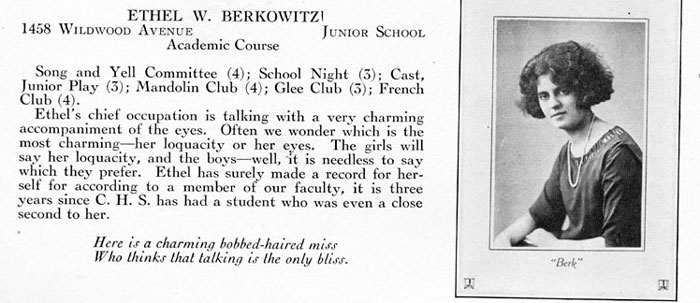 1923 Camden High School yearbook entry for Ethel W. Berkowitz, 1458 Wildwood Avenue
