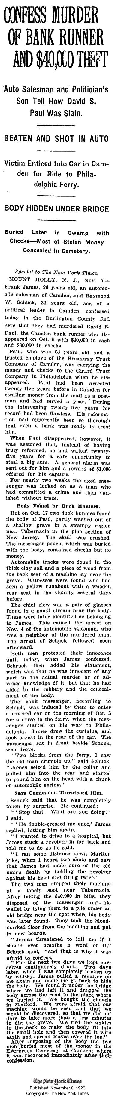 New York Times, November 8, 1920 — Confess murder of bank runner and $40,000 theft