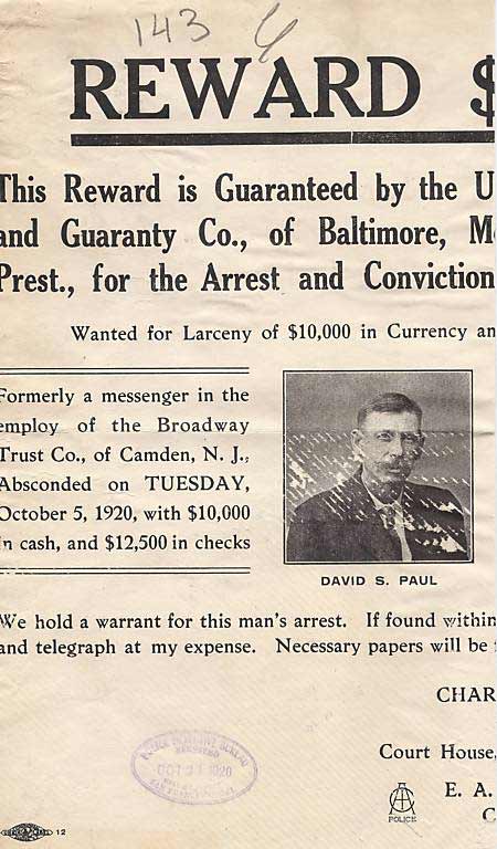 Reward poster for David S. Paul, left panel