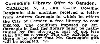 New York Times, January 8, 1903 — Carnegie's Library Offer to Camden