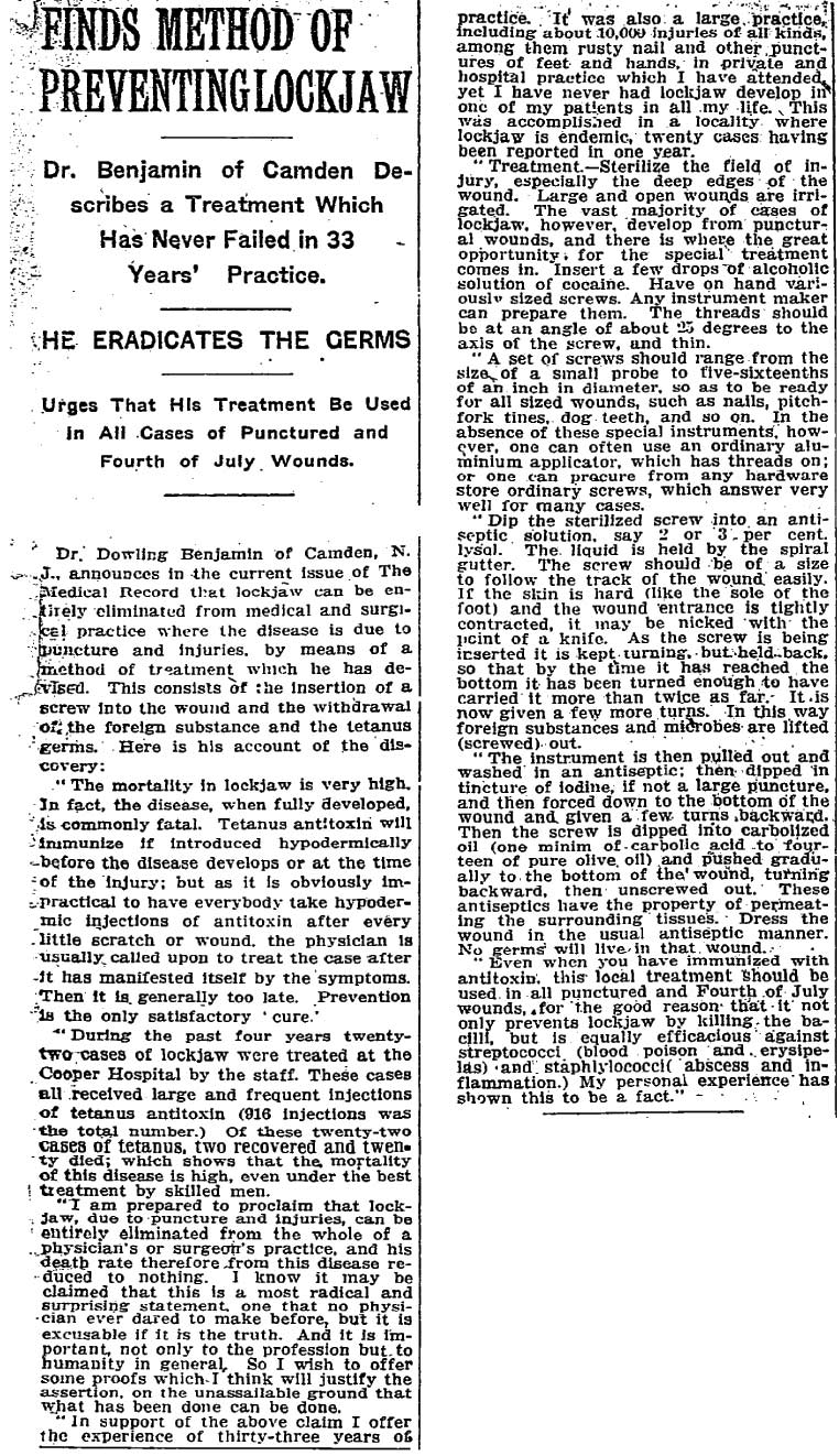 New York Times, July 22, 1912 — Finds Method of Preventing Lockjaw, Dr. Benjamin's treatment described
