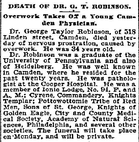 Philadelphia Inquirer obituary for Dr. George Taylor Robinson, June 29, 1895