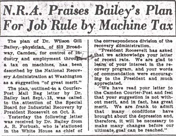 Camden Courier-Post October 11, 1933 — N.R.A. Praises Bailey's Plan For Job Rule by Machine Tax