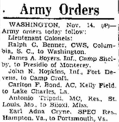 Army Orders, Anniston Star November 14, 1941
